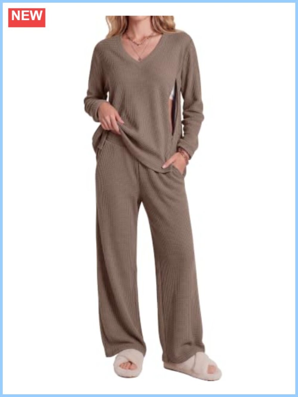 2 Piece Postpartum Nursing Waffle Knit Lounge Set V-Neck Wide Leg Pants